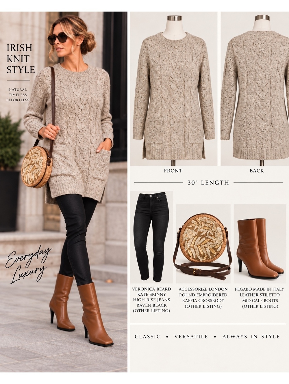 Aran Crafts Irish Merino Wool Cable Knit Tunic Sweater M Oatmeal Pockets